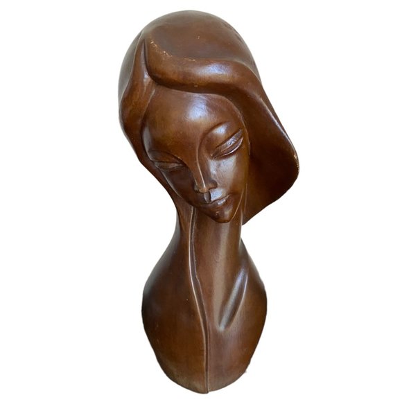 Vintage Mid-Century Art Deco Style Carved Wooden Female Bust Sculpture 11.5" - Picture 13 of 16